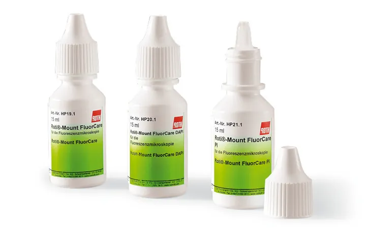 ROTI®Mount FluorCare, pentru microscopie cu fluorescență, 15 ml, flacon cu picurător — Carl Roth, cod HP19.1