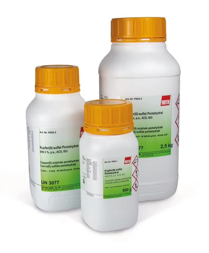 Sulfat de cupru pentahidrat, min. 99,5 %, p.a., ACS, ISO, 2.5 kg, plastic — Carl Roth, cod P024.3