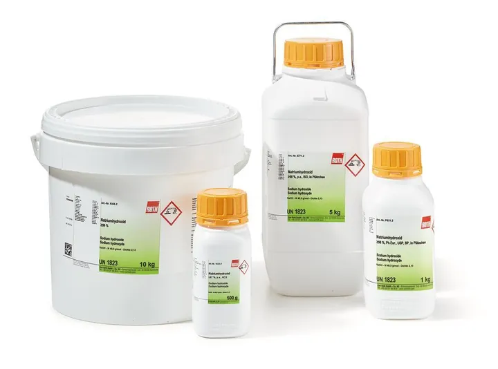 Hidroxid de sodiu, min. 98 %, Ph.Eur., USP, BP, sub formă de pelete, 10 kg, plastic — Carl Roth, cod P031.5
