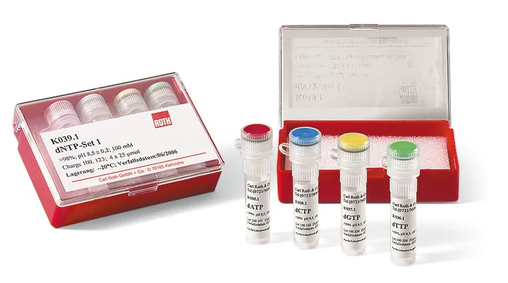 Set dNTP 3, 5 x 4 x 25 µmol, >=99 % dATP, dTTP, dITP, dCTP, 100 mM per dNTP — Carl Roth, cod P731.2