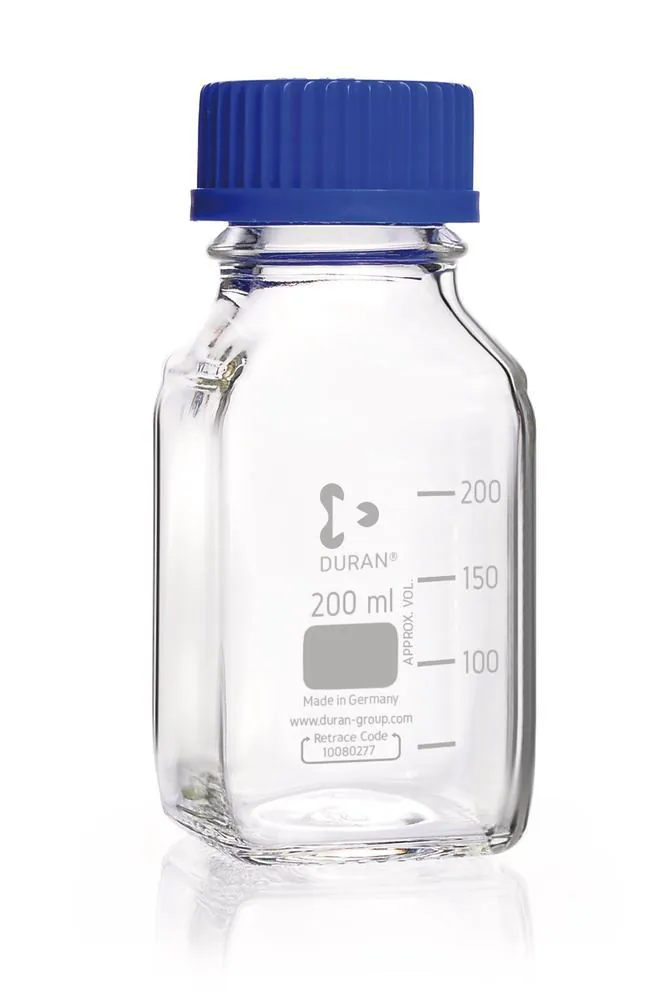 Sticle pătrate, DURAN®, transparente, cu inel de turnare și capac, PP, 250ml — Carl Roth, cod P771.1