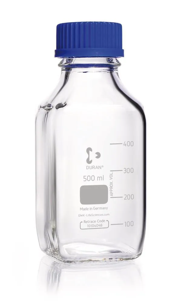 Sticle pătrate, DURAN®, transparente, cu inel de turnare și capac, PP, 500ml — Carl Roth, cod P772.1