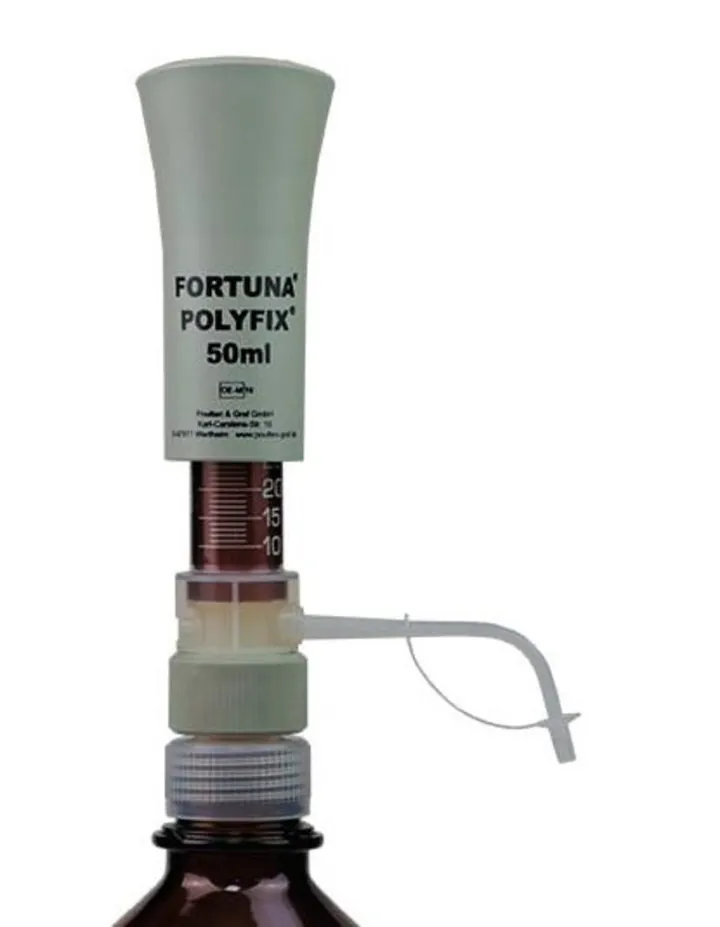 Dozator FORTUNA® POLYFIX®, 10-50 ml, piston de sticlă și cilindru din sticlă maro — Carl Roth, cod PL00.1