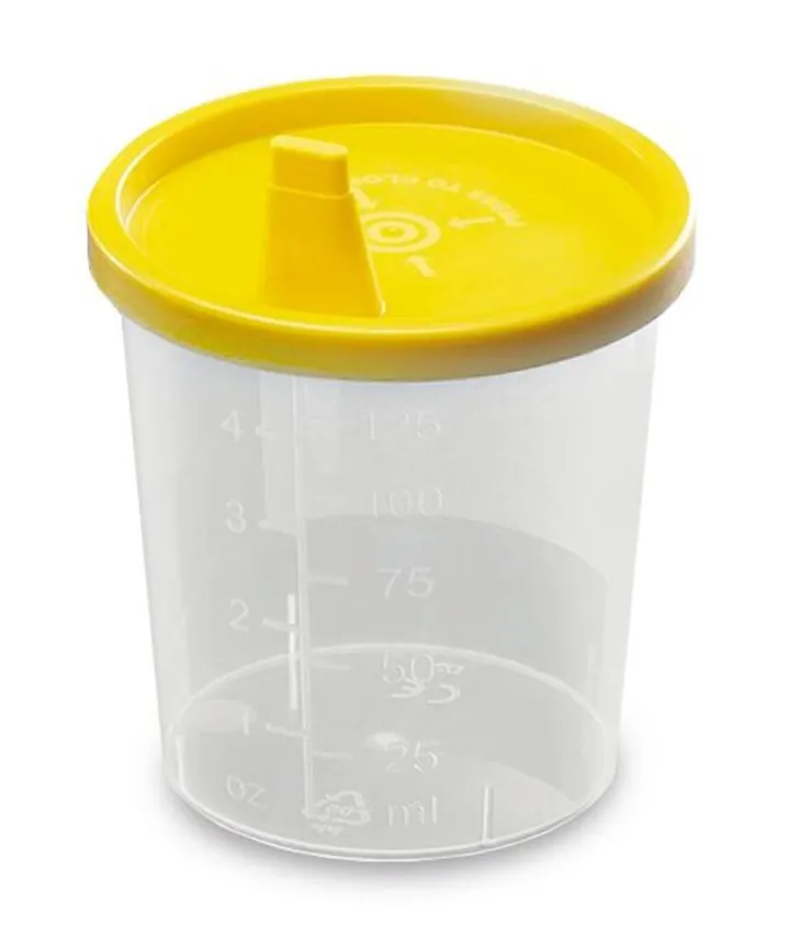 Pahare de probă cu capac cu închidere rapidă, 125 ml, capac galben, cu cioc, sterile — Carl Roth, cod PT09.1