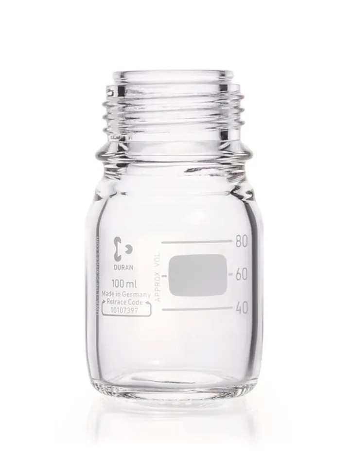 Flacon cu filet DURAN® sticlă transparentă fără inel de turnare și capac cu filet, 100 ml — Carl Roth, cod T426.1