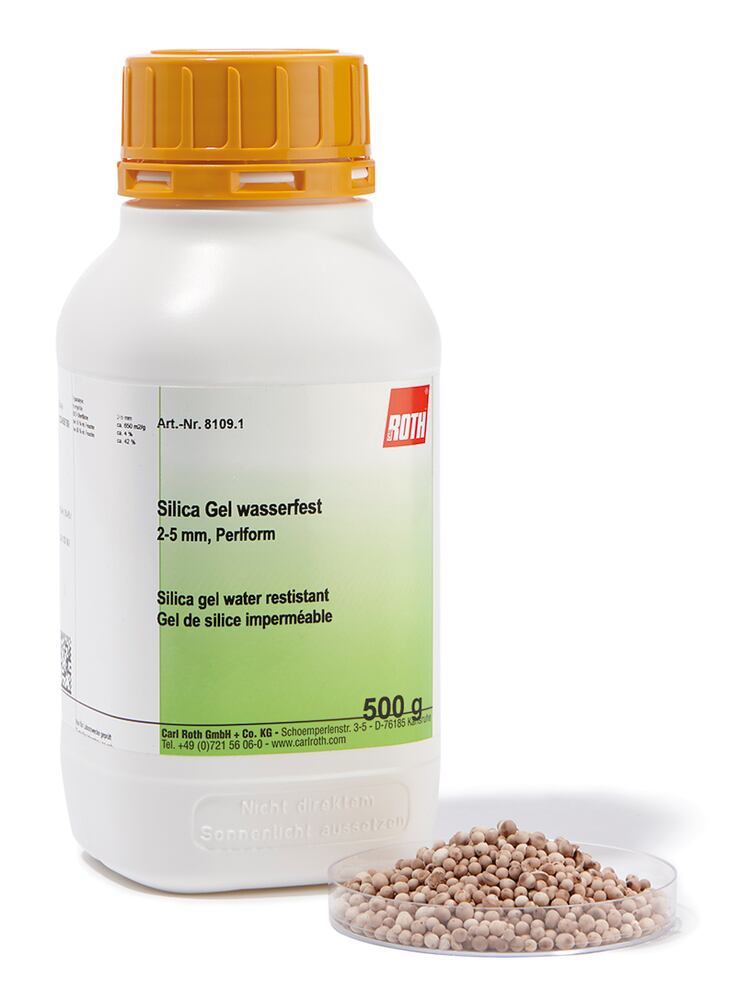 Silica gel water resistant, 2-5 mm, bead form, 10 kg, plastic — Carl Roth, cod 8109.4