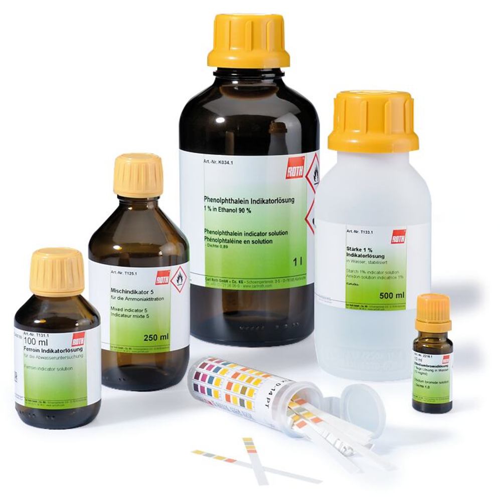 Phenolphthalein indicator solution, 0,1 % in ethanol 90 %, denatured, 250 ml