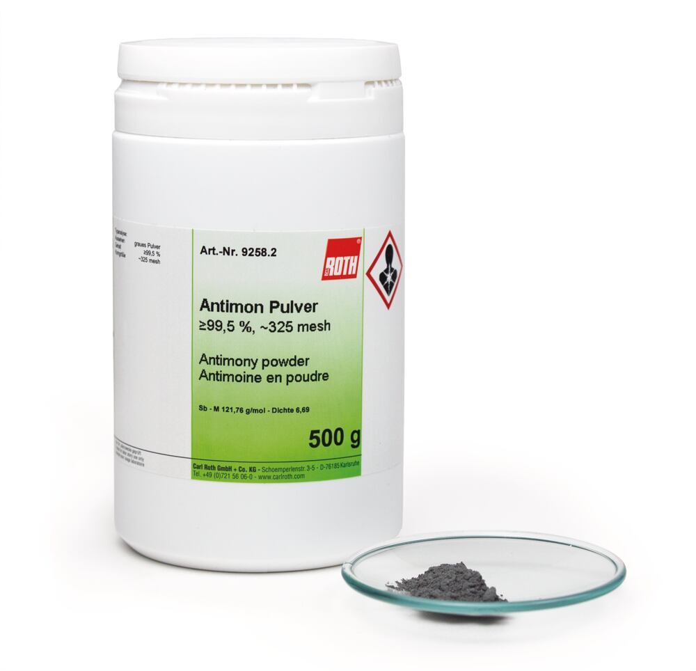 Antimony powder, min. 99,5 %, ca. 325 mesh, 500 g, plastic