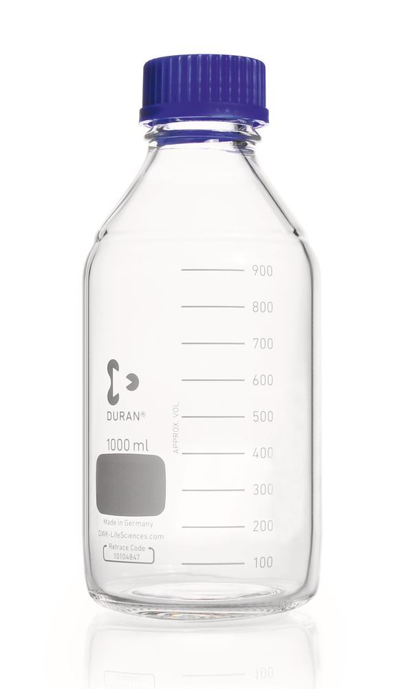 Screw neck bottles, DURAN®, transparent, w. pouring spout ring and cap