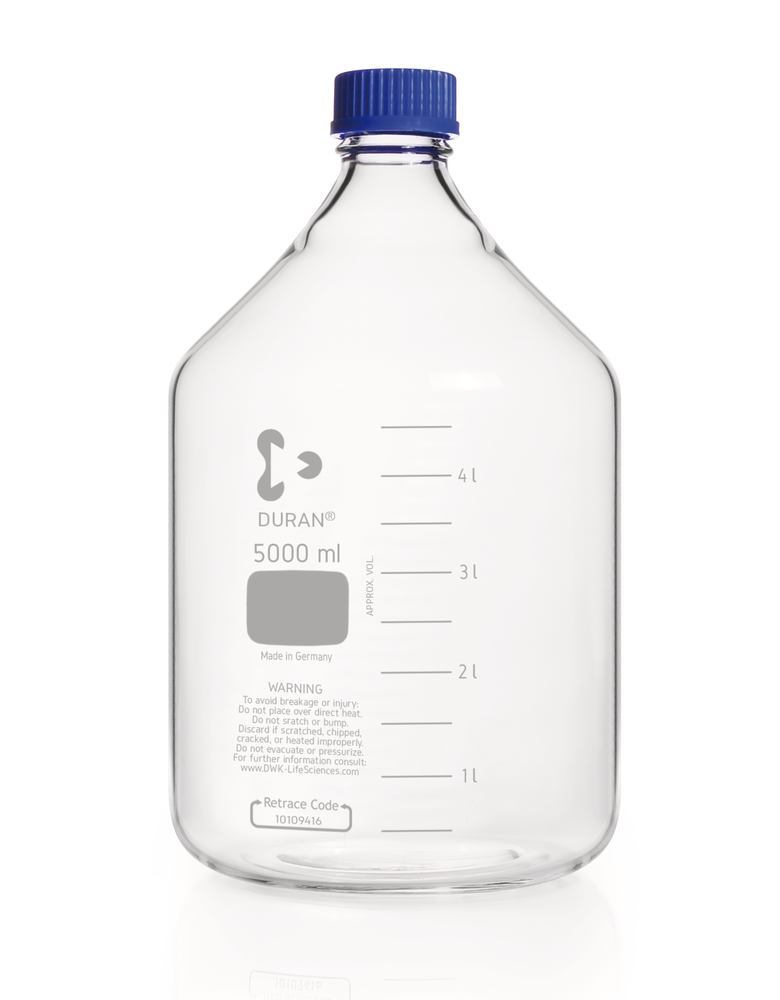 Screw neck bottle, DURAN®, transparent, w. pouring spout ring and cap, PP,5000ml
