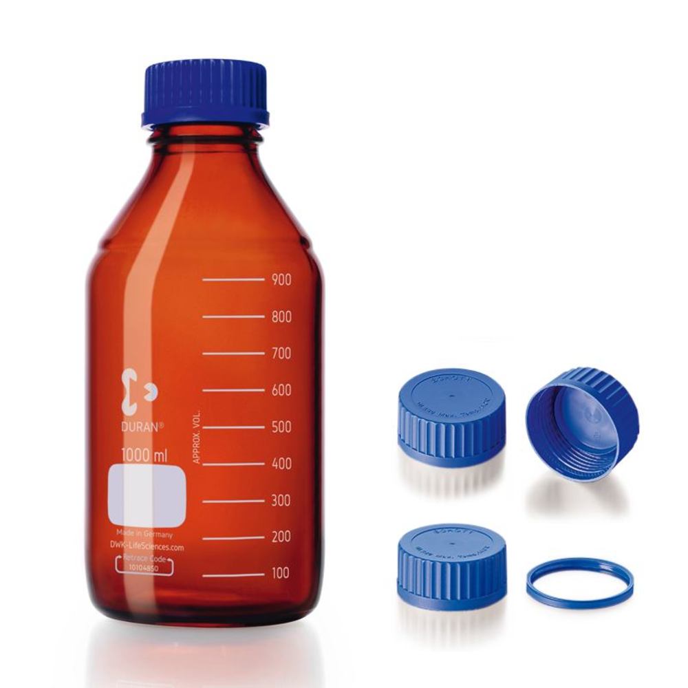 Screw neck bottle, DURAN®, amber, w. pouring spout ring and cap, PP,2000ml