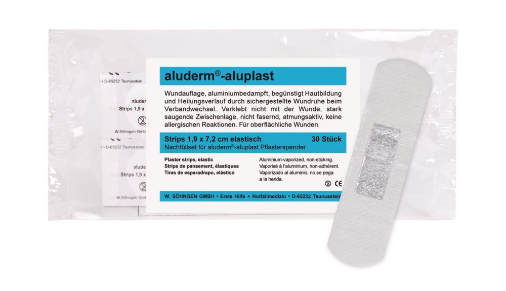 Sticky plaster disp. aluderm®-aluplast, refill pack 30 strips 7.2 x 1.9 cm