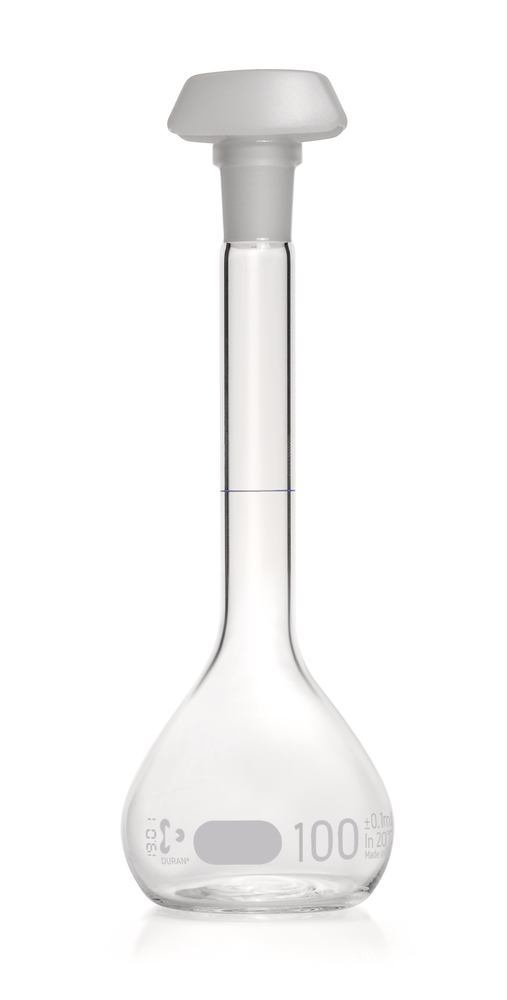 DURAN®-volum. flask, class A, batch certif., 100 ml, 14/23, blue grad.