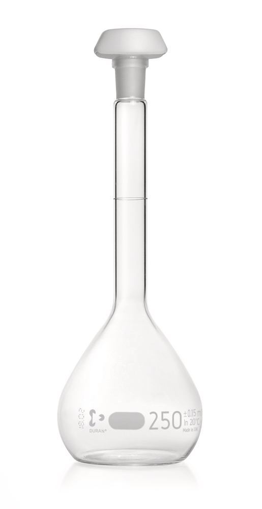 DURAN®-volum. flask, class A,, batch certif., 250 ml, blue graduation, 2 unit(s)
