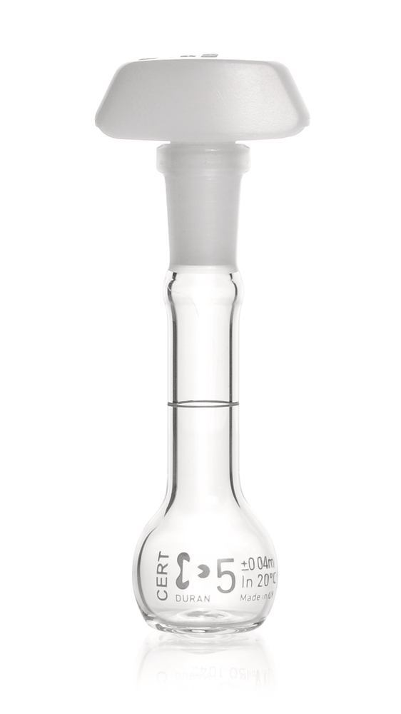 DURAN®-volumetric flask, cl. A,, indiv. certificate, 5ml, blue graduation