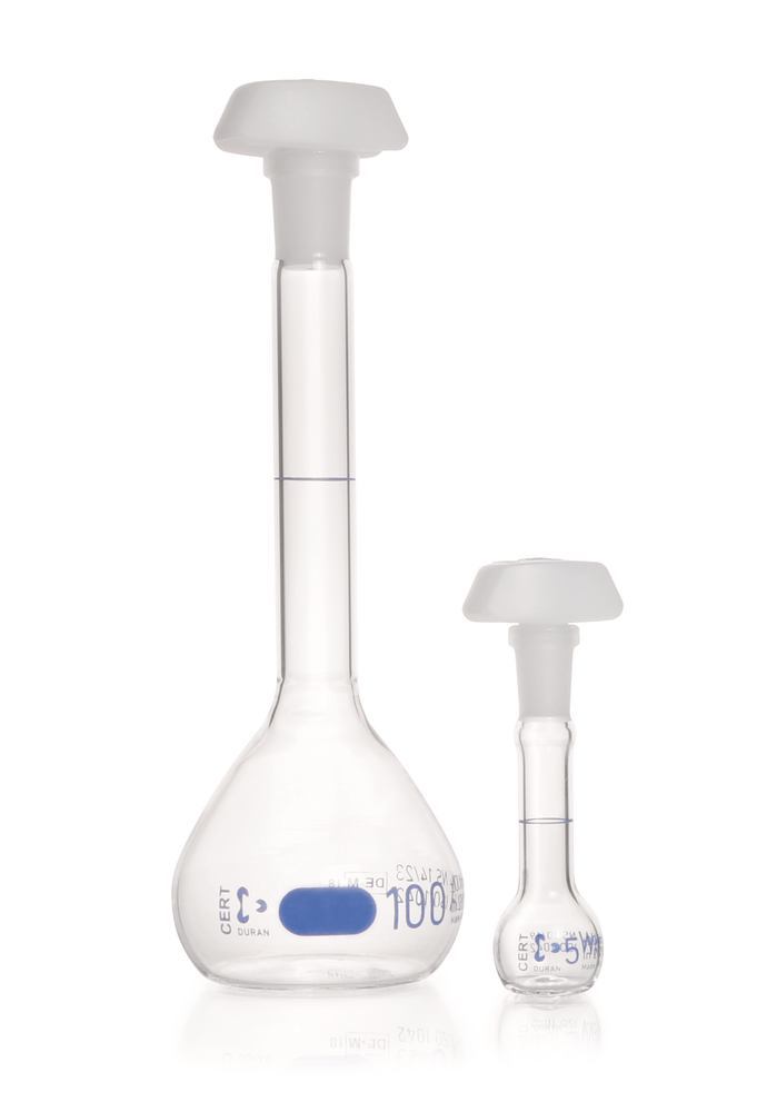 DURAN®-volumetric flask, cl. A,, indiv. certific., 20 ml, blue graduation
