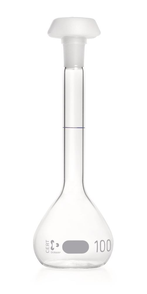 DURAN®-volumetric flask, cl. A, indiv. certific., 100 ml, 14/23, blue grad. — Carl Roth, cod AHT2.1
