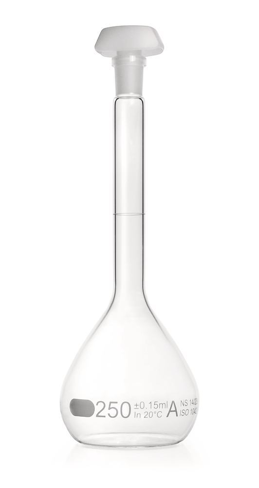 DURAN®-volumetric flask, cl. A,, indiv. certific., 250ml, blue graduation — Carl Roth, cod AHT4.1