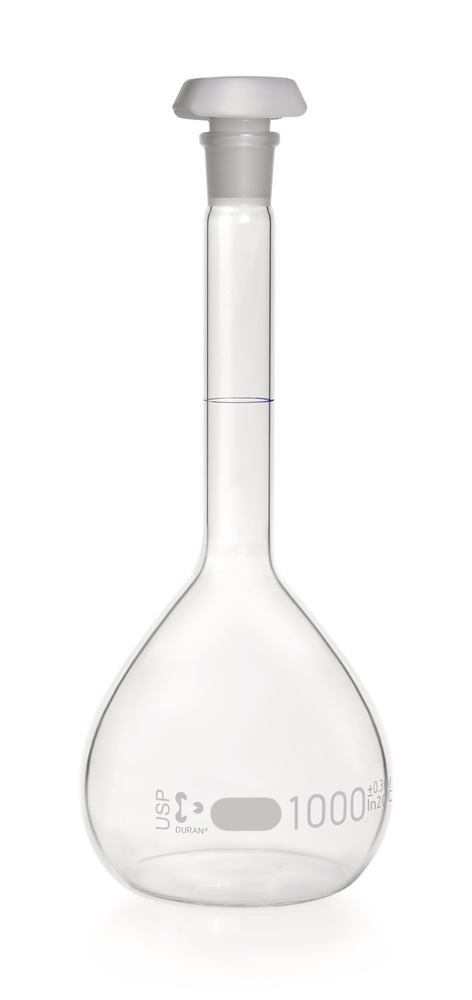 Volumetric flask, cl. A, USP<31>, DURAN®, Clear glass, standard taper NS 24/29