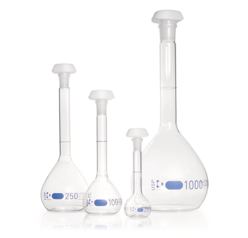 Volumetric flask, cl. A, USP<31>, DURAN®, Clear glass, standard taper NS 29/32