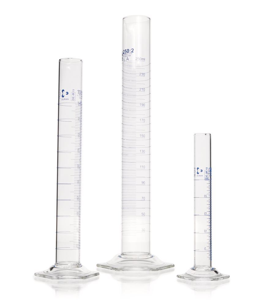 DURAN®-meas. cylinder, cl. A, grad. blue, 10 ml, grad. 0.2 ml, high form