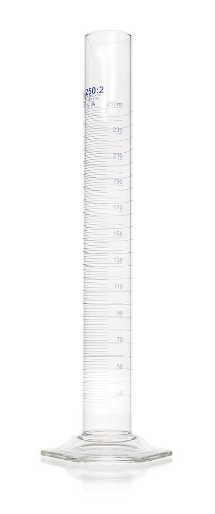 DURAN®-meas. cylinder, cl. A, grad. blue, 250 ml, grad. 2 ml, high form