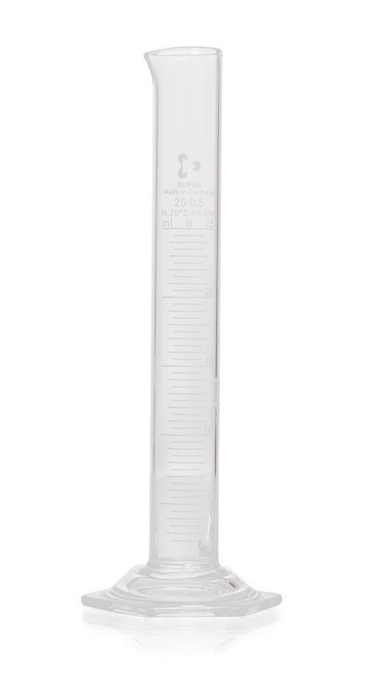 DURAN®-meas. cylinder, cl.B, grad. white, 25 ml, grad. 0.5 ml, high form