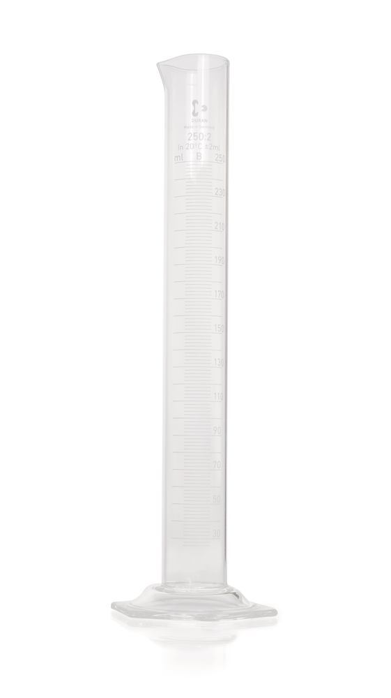 DURAN®-meas. cylinder, cl.B, grad. white, 250 ml, grad. 2 ml, high form