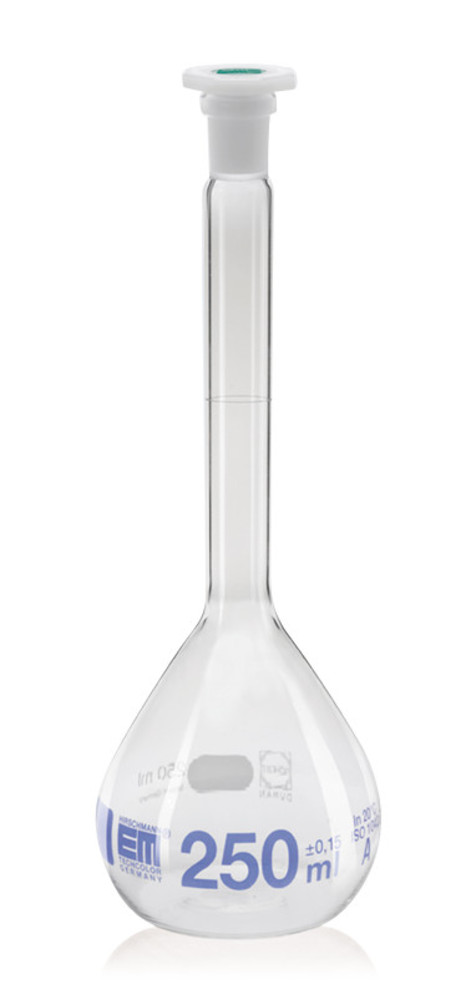 Volumetric flasks, cl. A, DURAN®, 100 ml, PE-stopper, joint 12/21, transp. glass