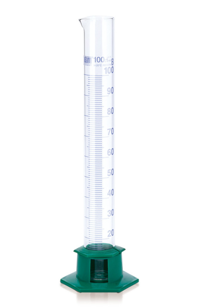 Cl. B measuring cylinders, blue markings, DURAN®, tall, foot of HDPE, 250 ml