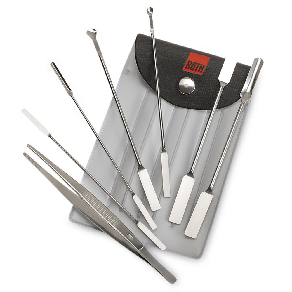 Assorted spatula-set, stain. steel 18/10, 6 double and micro-spatulas, 1 forceps