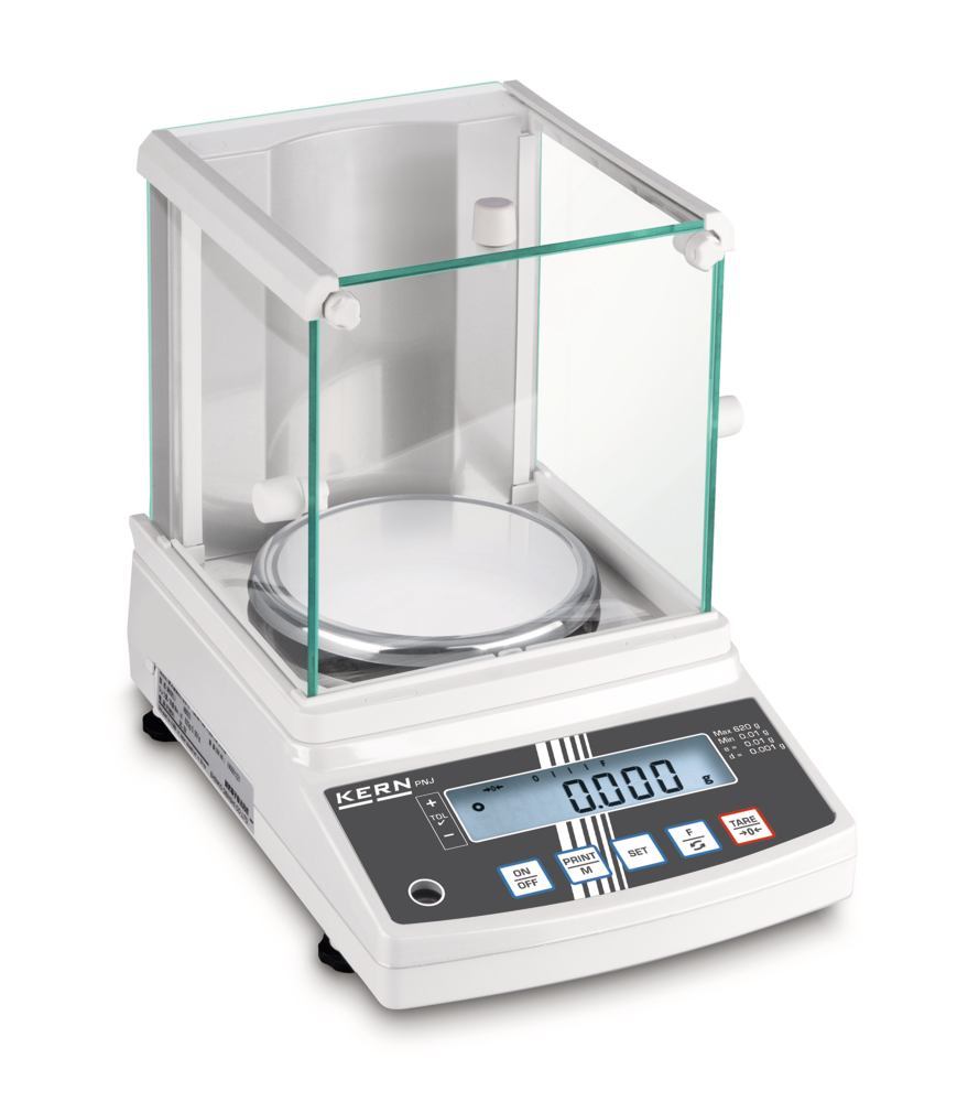 Precision balance, calibr.,PNJ 600-3M(W), draft shield, max. 620 g, d=0.001 g