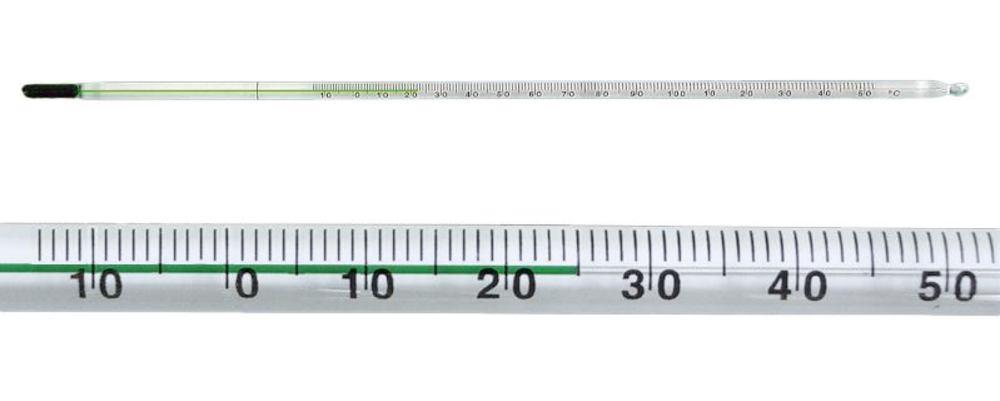 Glass thermometer with green special filling, -10 to +110 °C, 0,5 °C