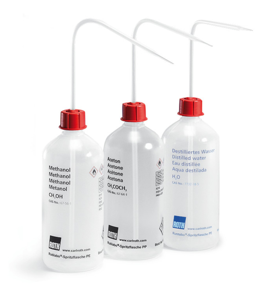 Rotilabo® safety wash bottle, 500 ml, LDPE, imprint, Dist. water, 1 unit(s)