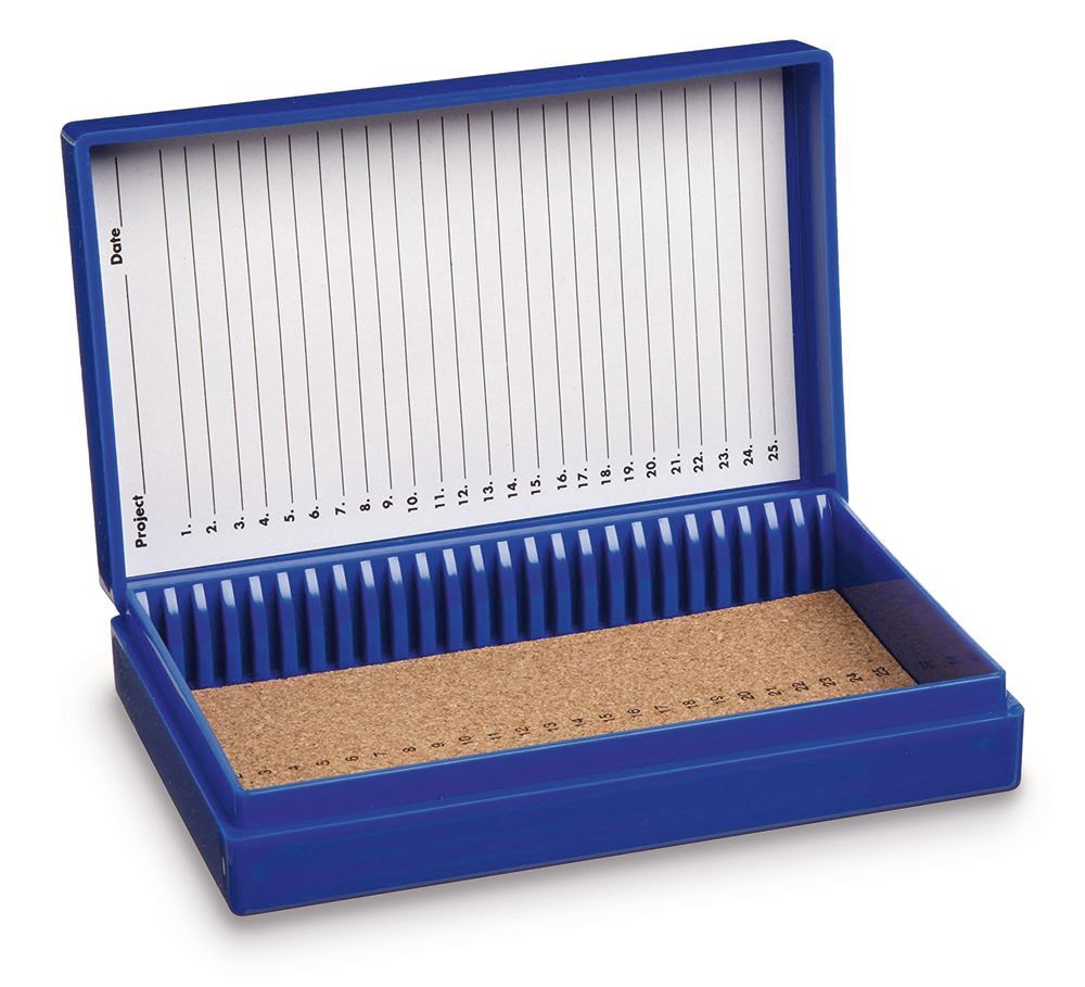 Rotilabo® microscope slide box, PS, blue, L 141 x W 88 x H 35 mm, 25 slots