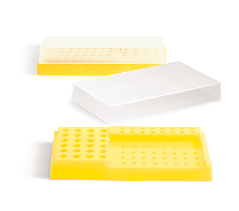 PCR-workstation, PP, neon yellow, w. lid, 32x0.2 ml, 24x1.5/2 ml, 16x0.5 ml