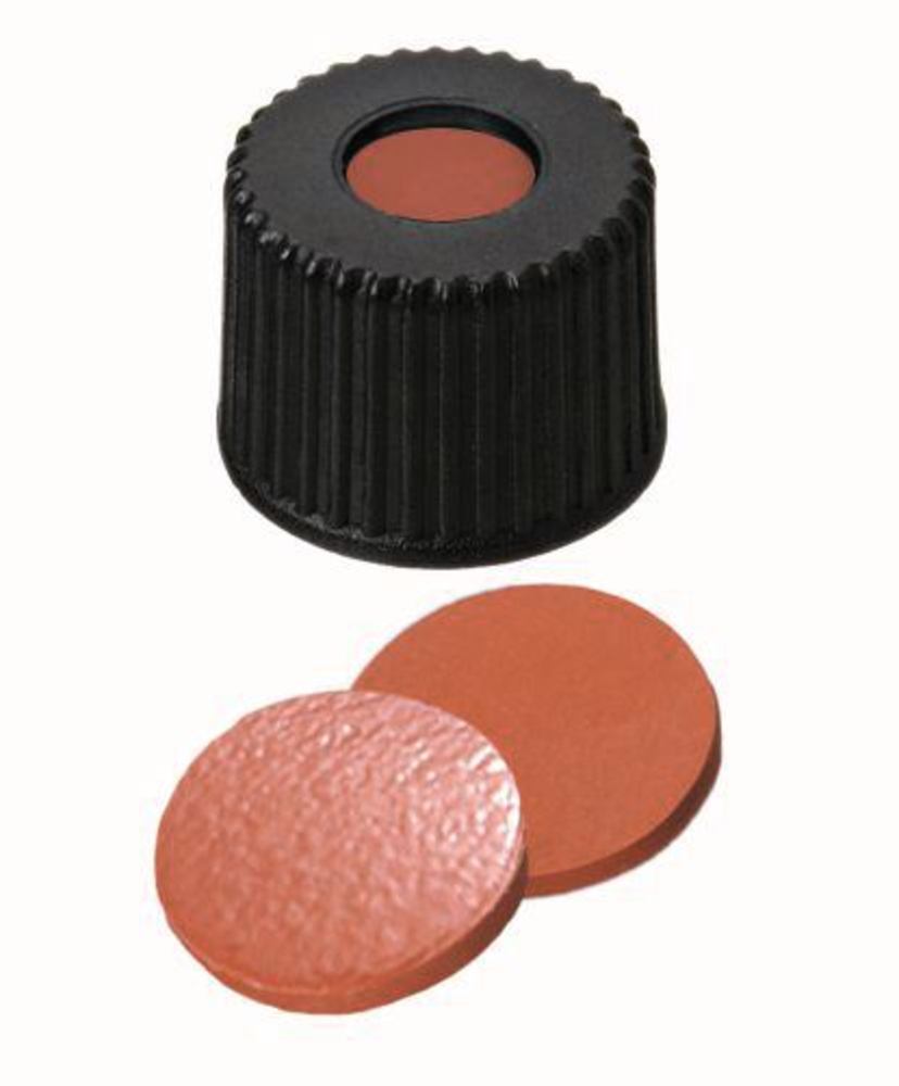 Screw caps with bore hole, PP, ND8, Septum Natural rubber/TEF, 1.3 mm 60°