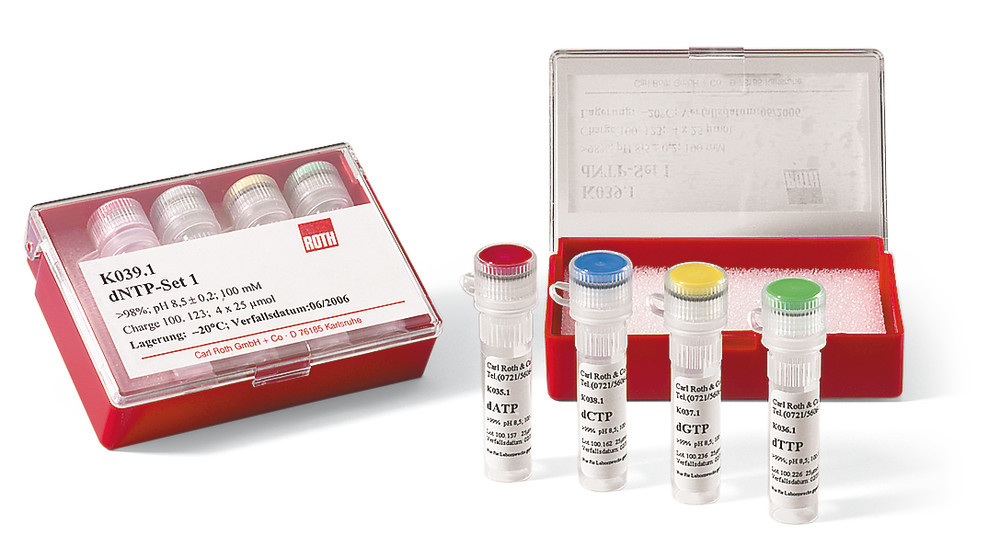 dNTP-Set 2, 4 x 25 µmol, >=99 % dATP, dUTP, dGTP, dCTP, 100 mM per dNTP, plastic