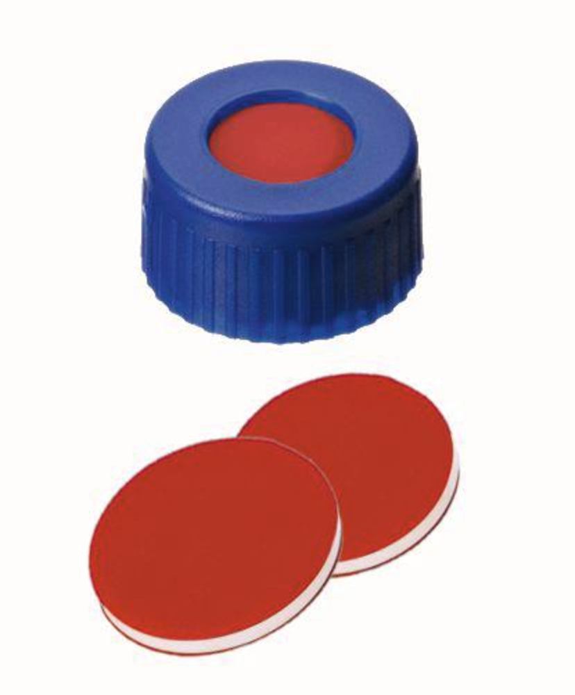 Screw caps with bore hole, PP, ND9, Septum PTFE/Silicone/PTFE, 1.0 mm 45°