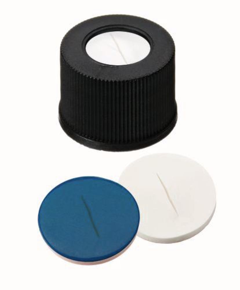 Screw caps with borehole, PP, ND10, Septum Silic./PTFE slotted, 1,5mm 55°