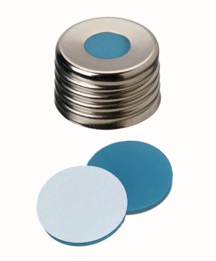 Magn. screw caps w.bore hole, steel,ND18, Septa Silic./PTFE UltraCl., 1.3 mm 45°