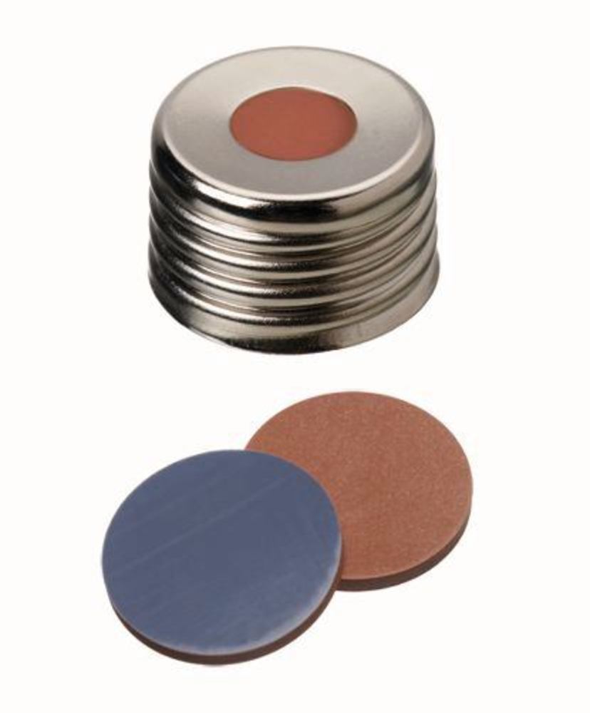 Magn. screw caps w.bore hole, steel,ND18, Septa Butyl/PTFE, 1.6 mm 55°