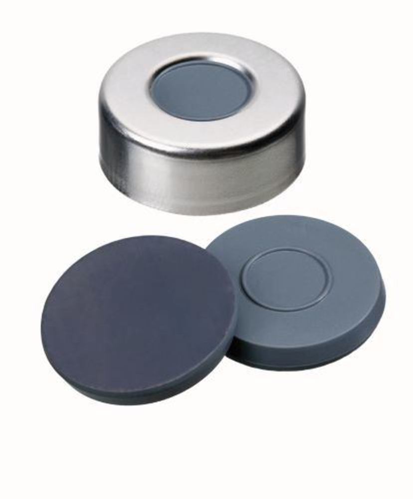 Crimp caps with bore hole, Al, ND20, Septum Butyl/PTFE, 3,0 mm 50°, 100 unit(s)