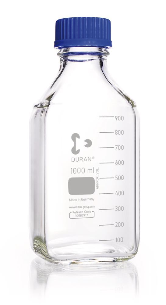 Square bottles, DURAN®, transparent, w. pouring spout ring and cap, PP,1000ml