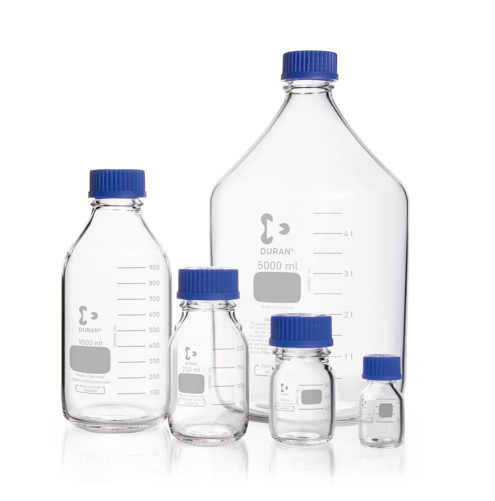 Screw top bottle DURAN® clear glass with pouring ring and PP screw cap, 150 ml