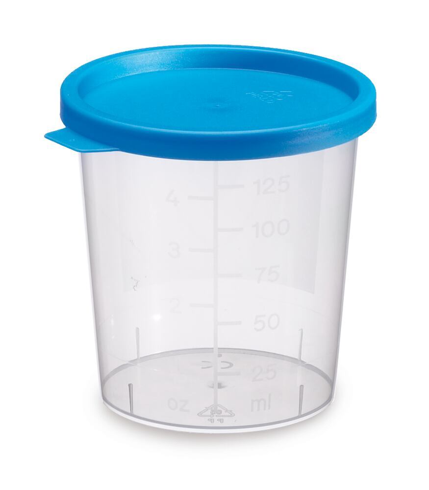 Sample beakers with snap-on lid, 125 ml, lid blue, flat, 500 unit(s)