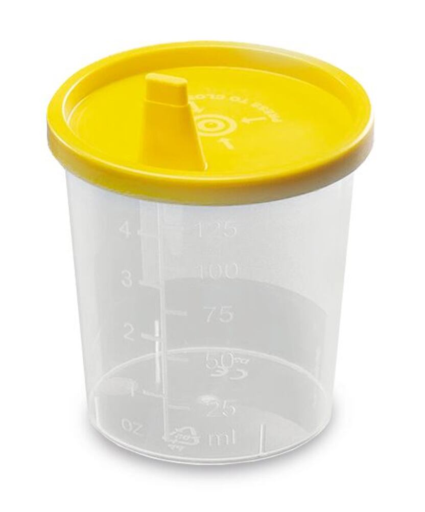Sample beakers with snap-on lid, 125 ml, Yellow lid, with spout, sterile