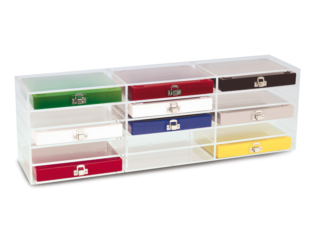 Storage rack for microscope slide boxes, made of acryl, L711 x W171 x H228 mm