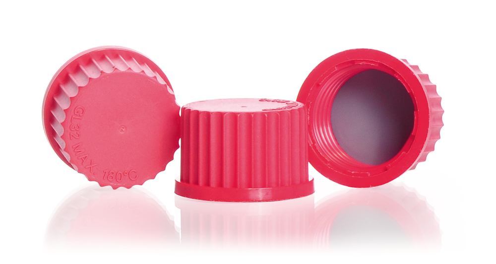 Screw caps made of PBT, red, GL 32, Ø 42 x H 26 mm, 10 unit(s)