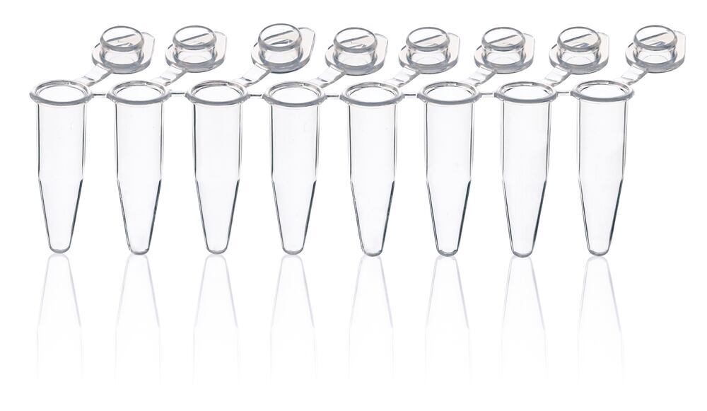 PCR reaction vials, 8 tube strips, 0,2ml, attached flat single caps, 120 unit(s) — Carl Roth, cod XT90.1